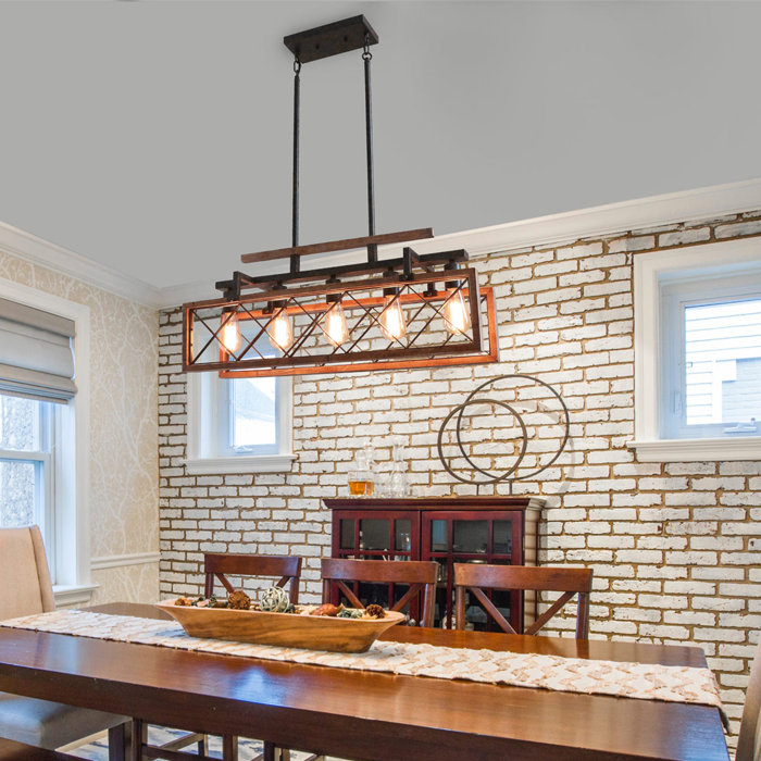 Gracie Oaks Rectangle Wood Chandelier Kitchen Island Pendant Lighting